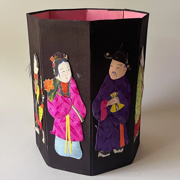 Vintage Chinese Immortals Folding Paper Basket Silk & Paper Asian Decor - Picture 4 of 11